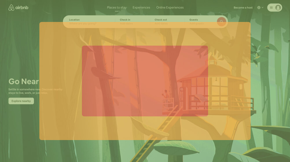 The airbnb homepage on mobile with a overlaying heatmap showing the easy areas to reach for a mouse