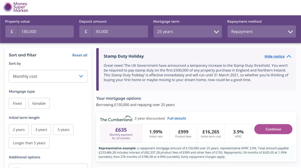 Money super market mortgage comparison page