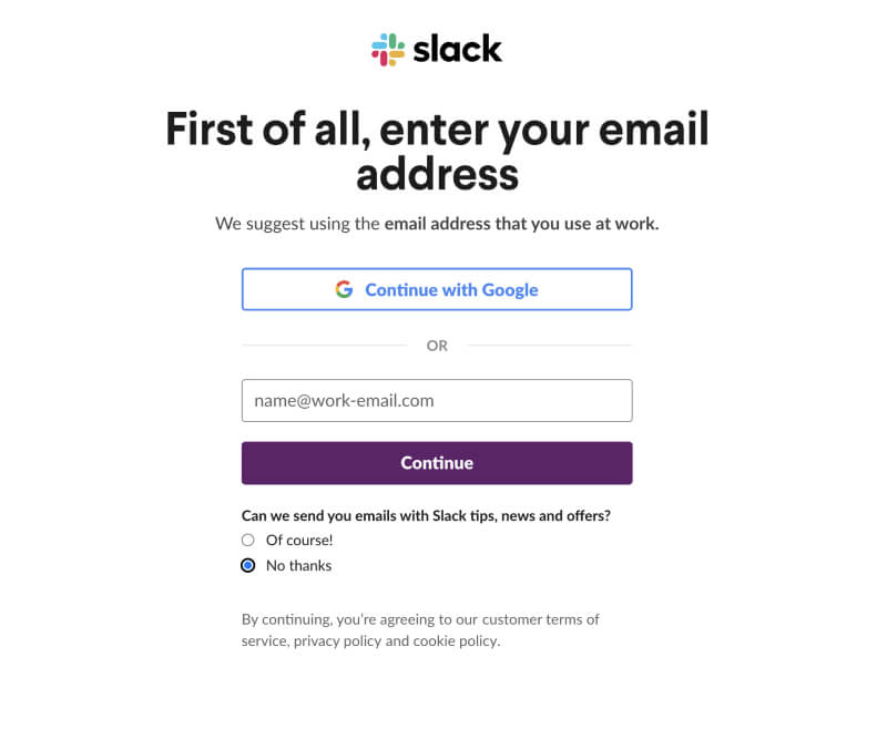 The Slack sign up page